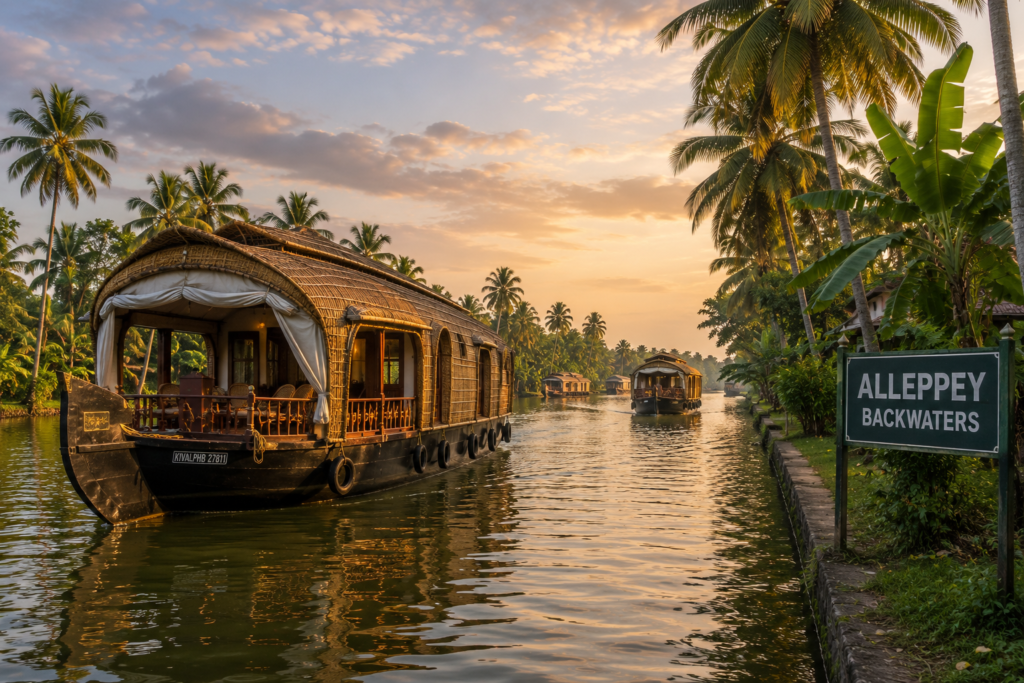A traditional kettuvallam houseboat cruising through Alleppey's palm-lined backwaters