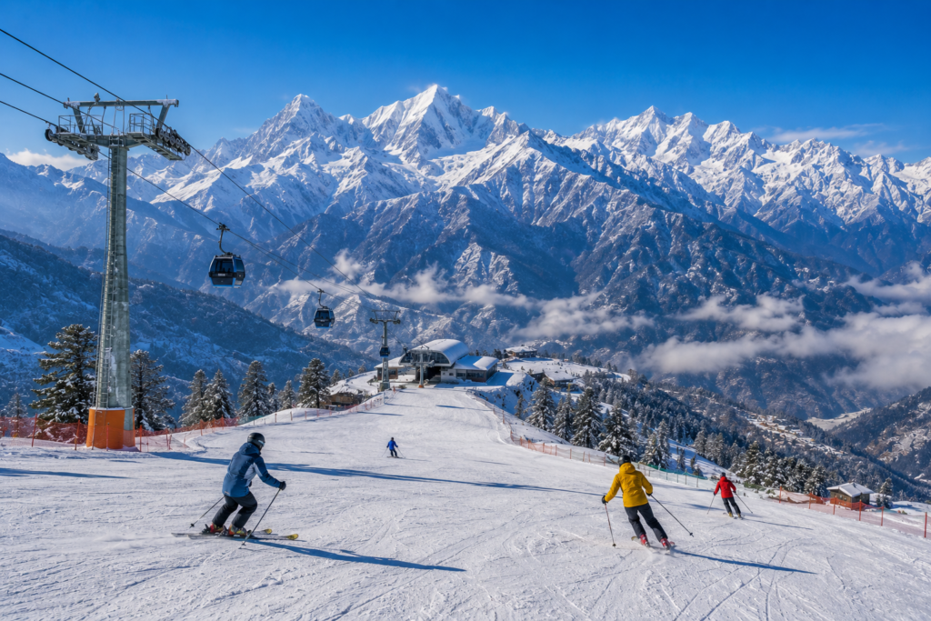 Snow-covered slopes and oak forests of Auli with views of the Garhwal Himalayas