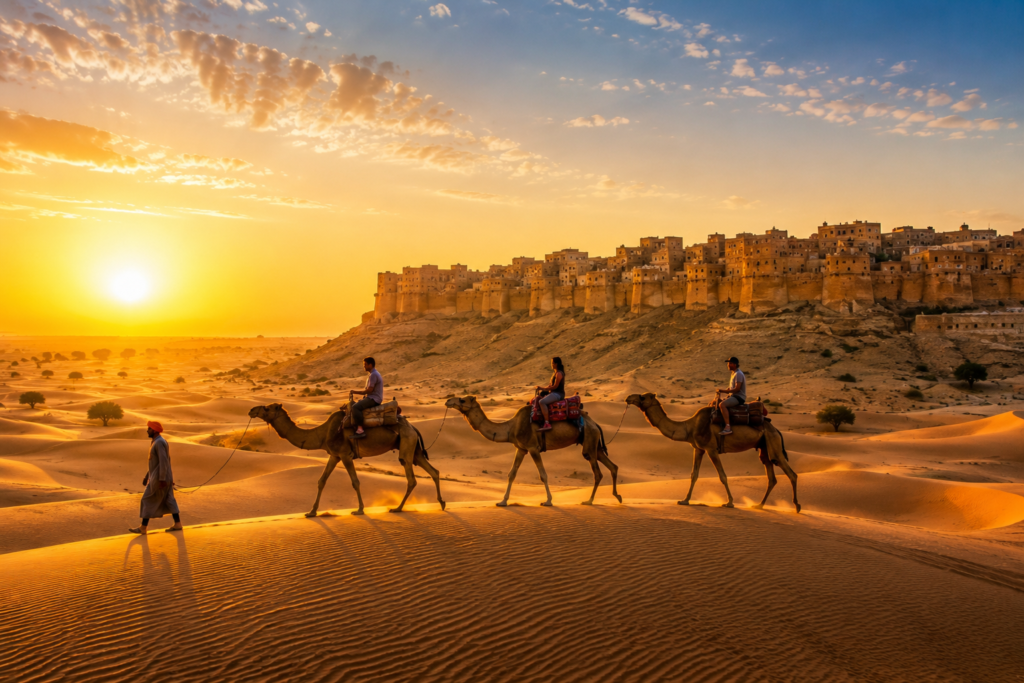 Jaisalmer sand dunes with camels in the Thar Desert