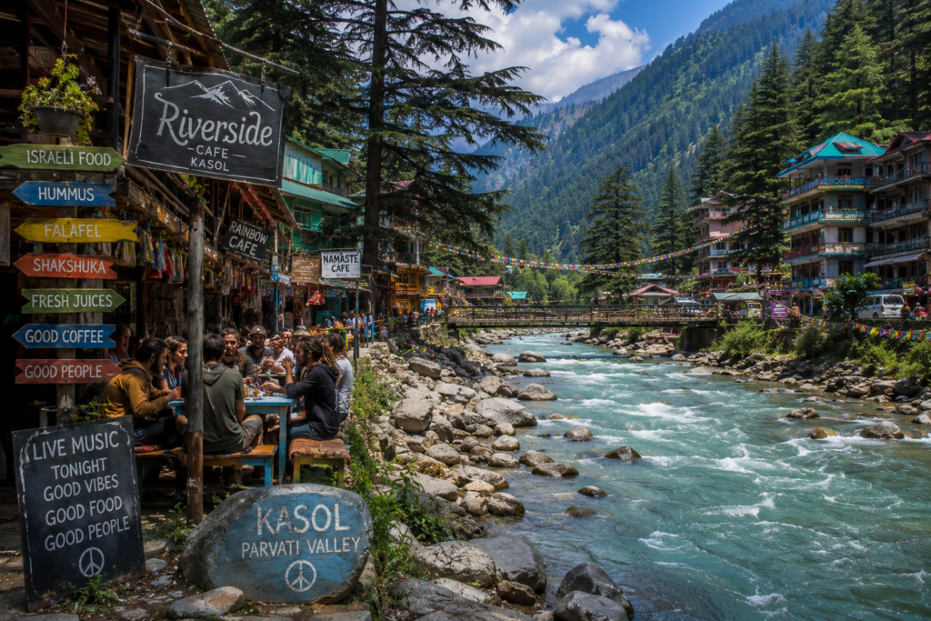 Riverside cafes and pine forests in Kasol, Parvati Valley