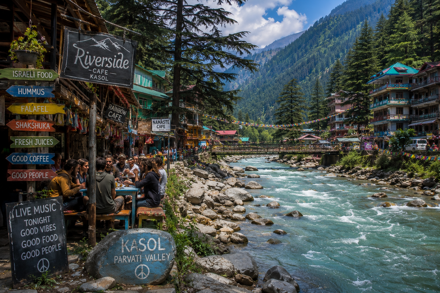 Pine forest and the Parvati river at Kasol in the Parvati Valley, Himachal Pradesh