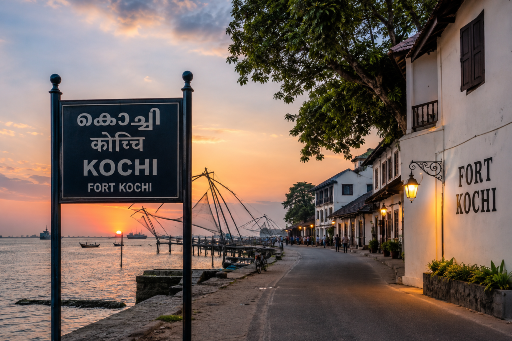 Chinese fishing nets and waterfront in Fort Kochi at sunset