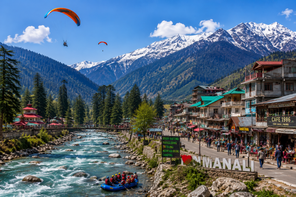 Snow-capped peaks and pine forests around Manali in the Kullu Valley