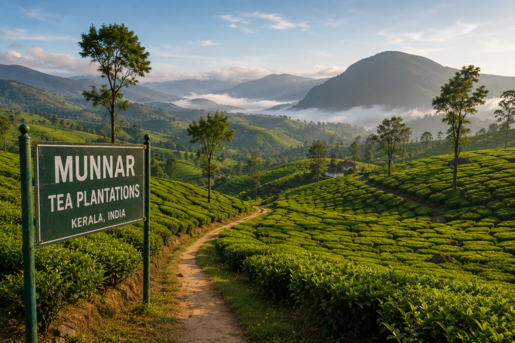 Rolling green tea plantations on the hills of Munnar in the Western Ghats