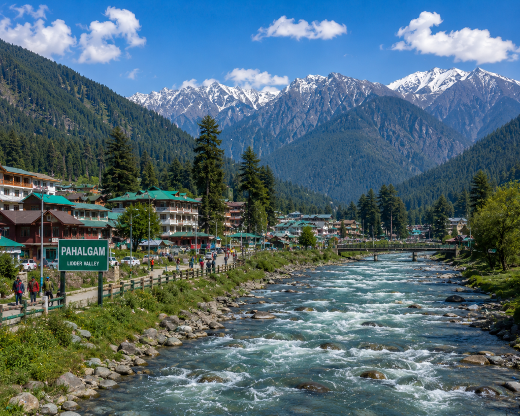 Riverside town of Pahalgam in the Lidder Valley, Kashmir
