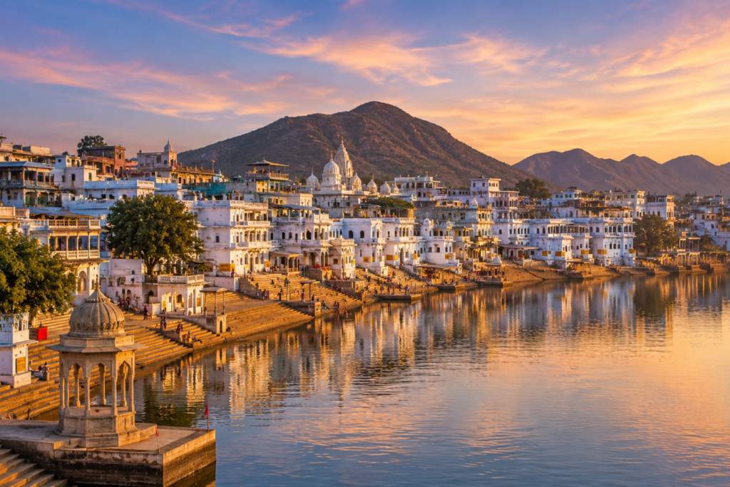 Ghats and white temples along Pushkar Lake at golden hour