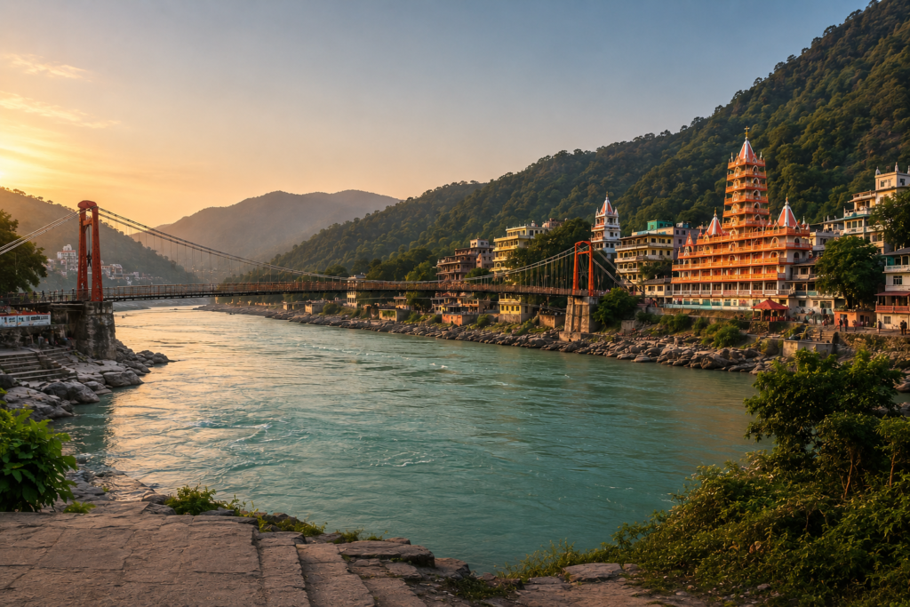 Ganga river flowing past Rishikesh with the Himalayan foothills