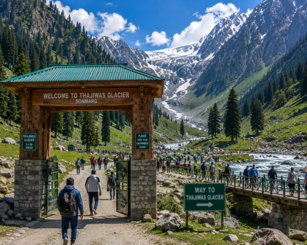 Alpine meadows and snowy peaks at Sonmarg, gateway to the Thajiwas glacier