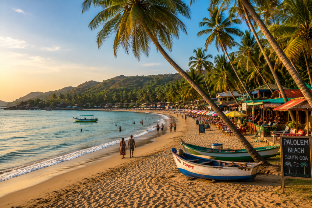 Palolem beach in South Goa with a curved bay and palm-fringed shore