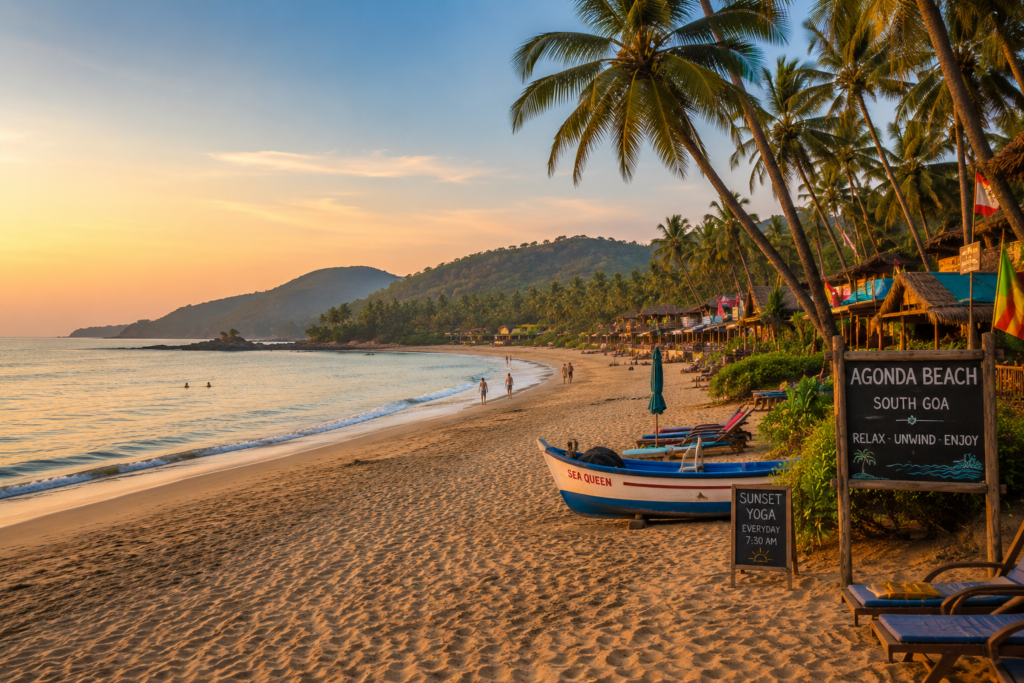 Agonda beach in South Goa with empty white sands and casuarina trees