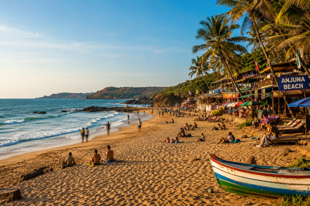 Anjuna beach in North Goa with red cliffs and palm trees