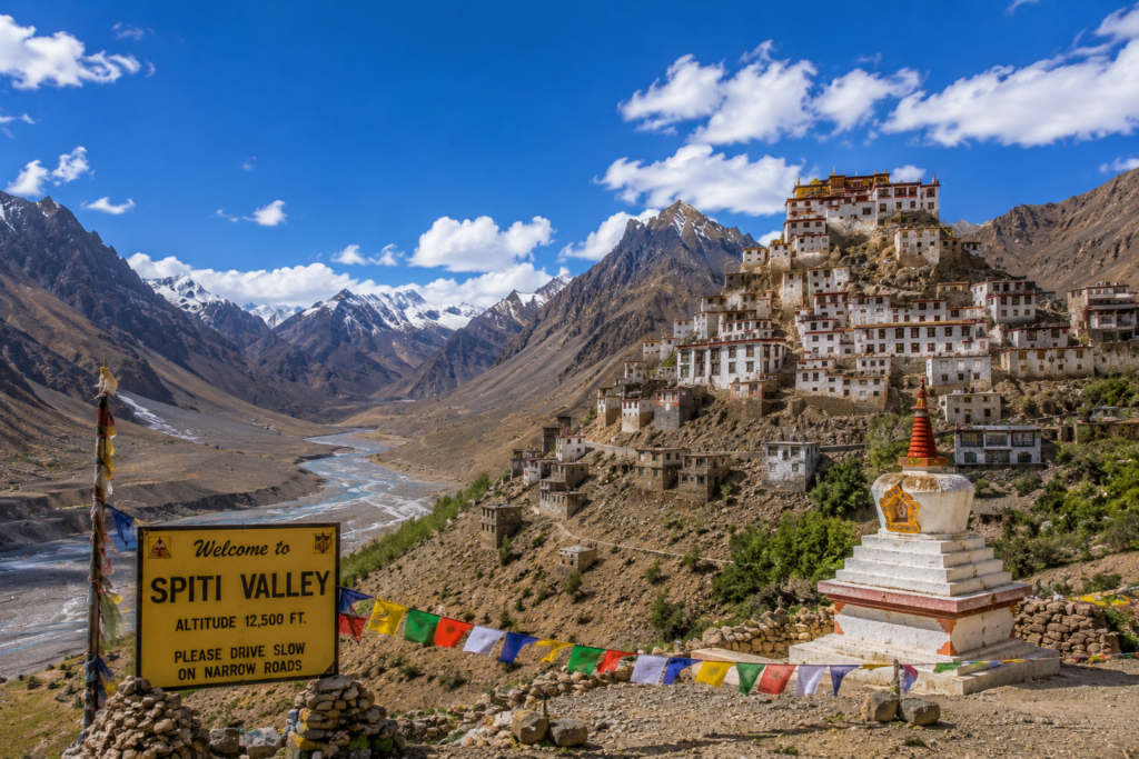 High-altitude desert landscape and ancient monastery in Spiti Valley