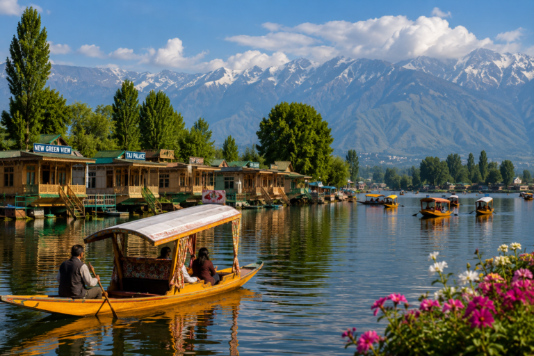 Shikara boats on Dal Lake with the Pir Panjal mountains, Srinagar