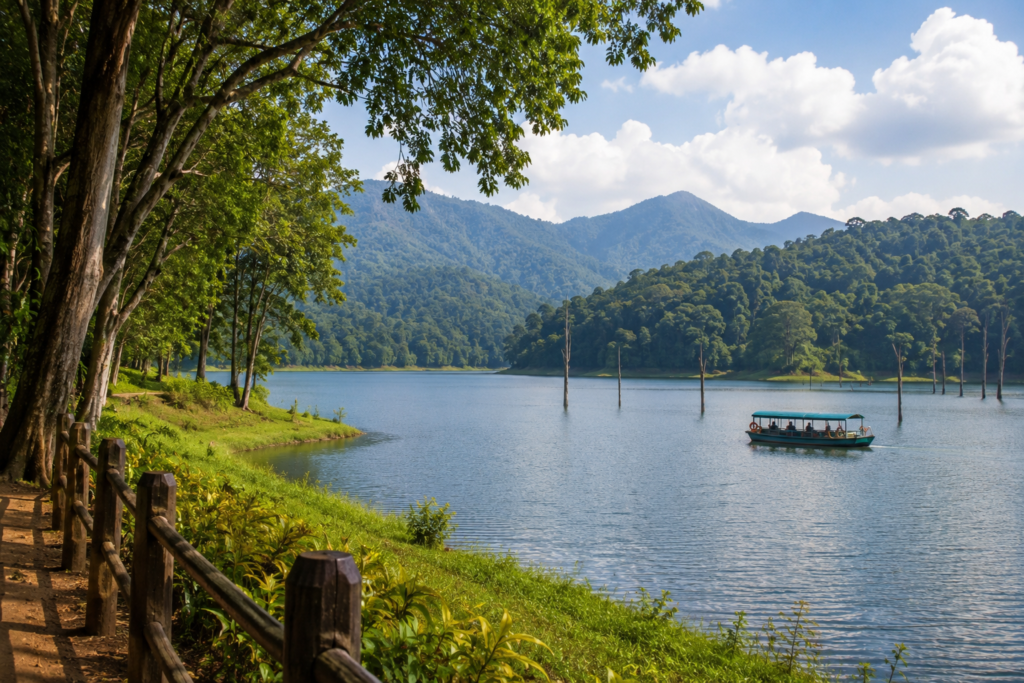 Periyar Lake at Thekkady with surrounding tropical forest and hills