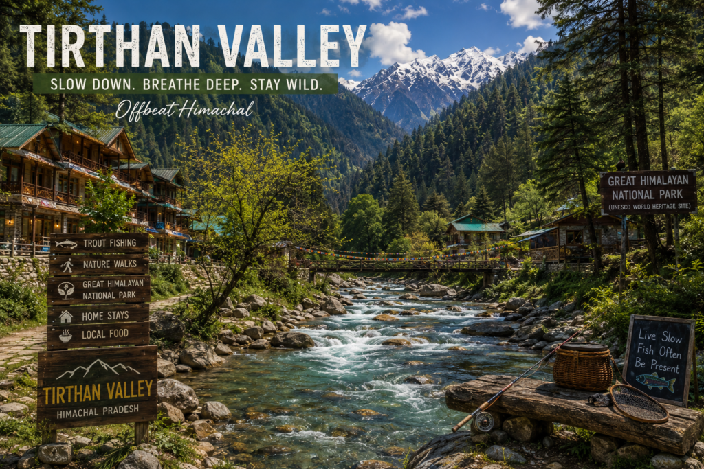 Forested river valley in Tirthan near Great Himalayan National Park