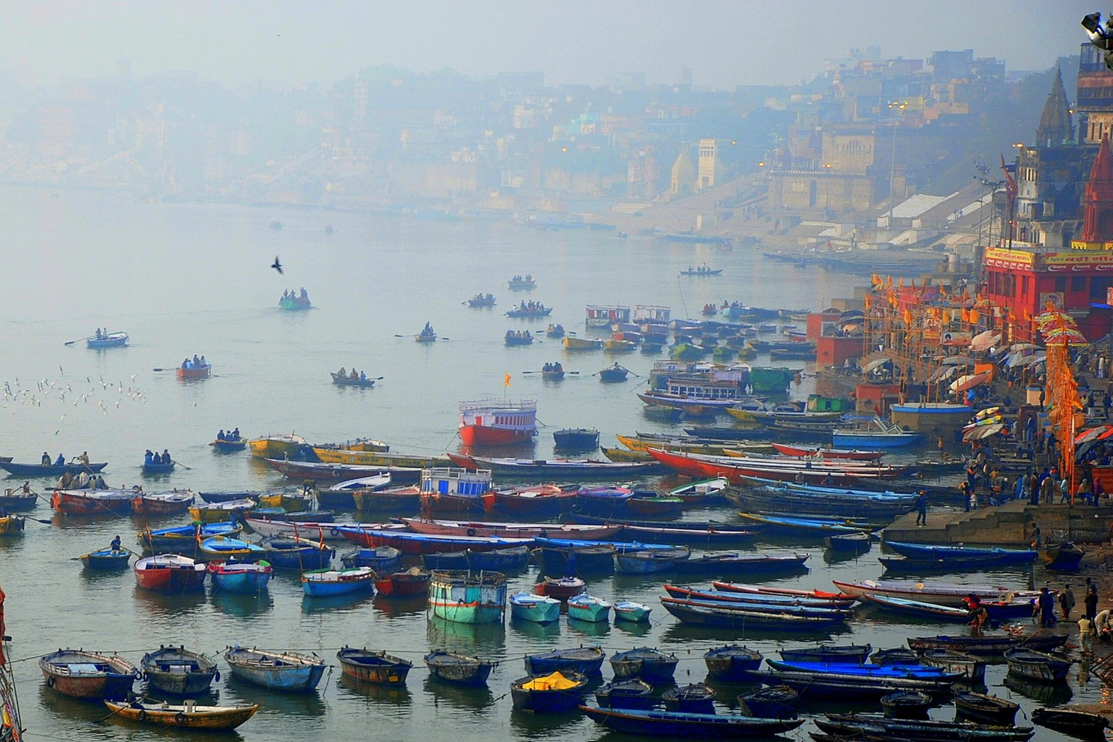 Sunrise on the Ganges with morning rituals