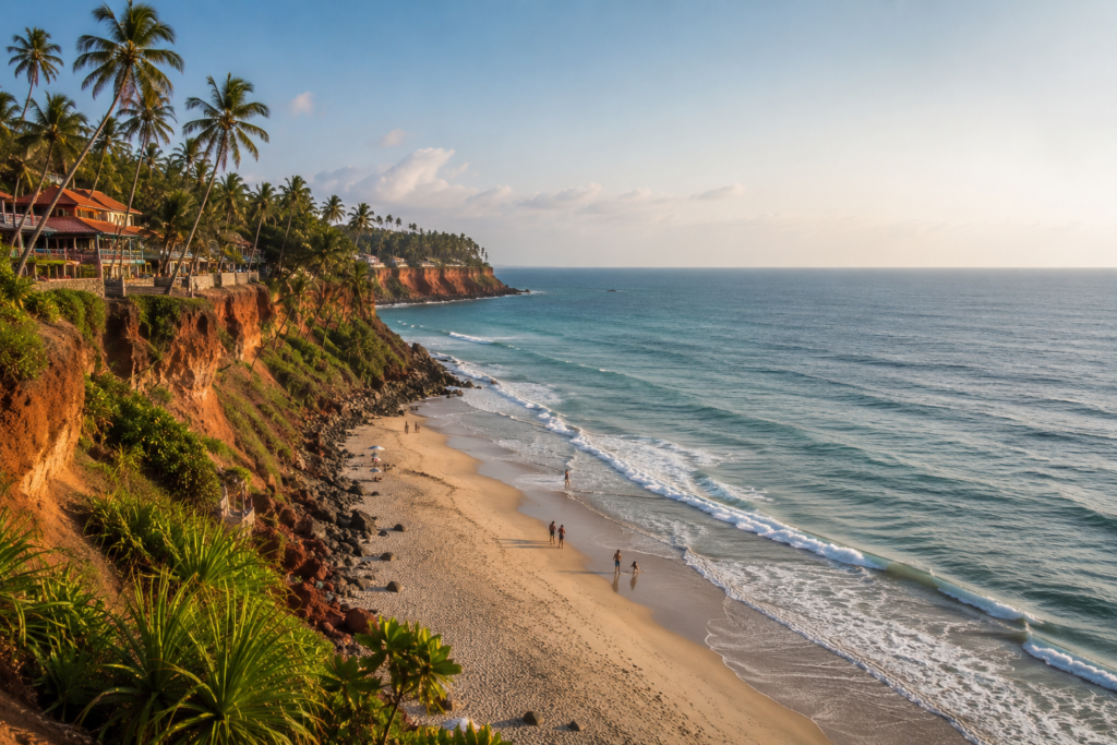 Varkala beach with red laterite cliffs and palm trees above the Arabian Sea