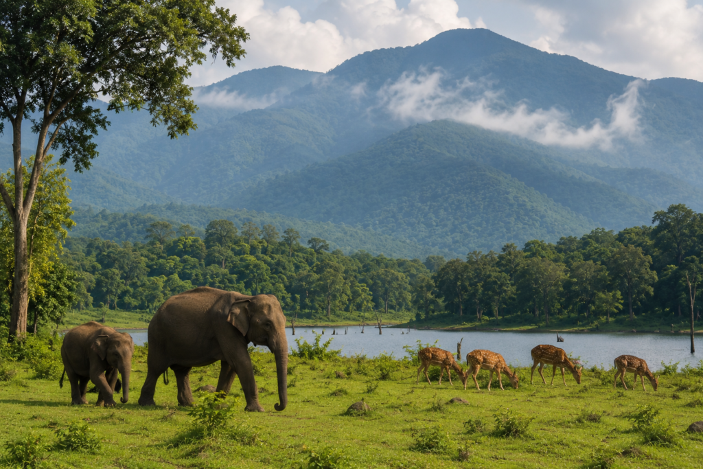 Forested hills and grasslands of Wayanad wildlife country in northern Kerala