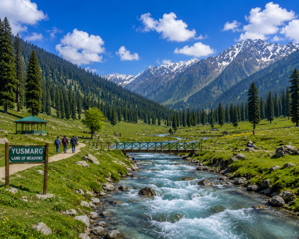 Yusmarg meadow surrounded by pine forests and the Pir Panjal range