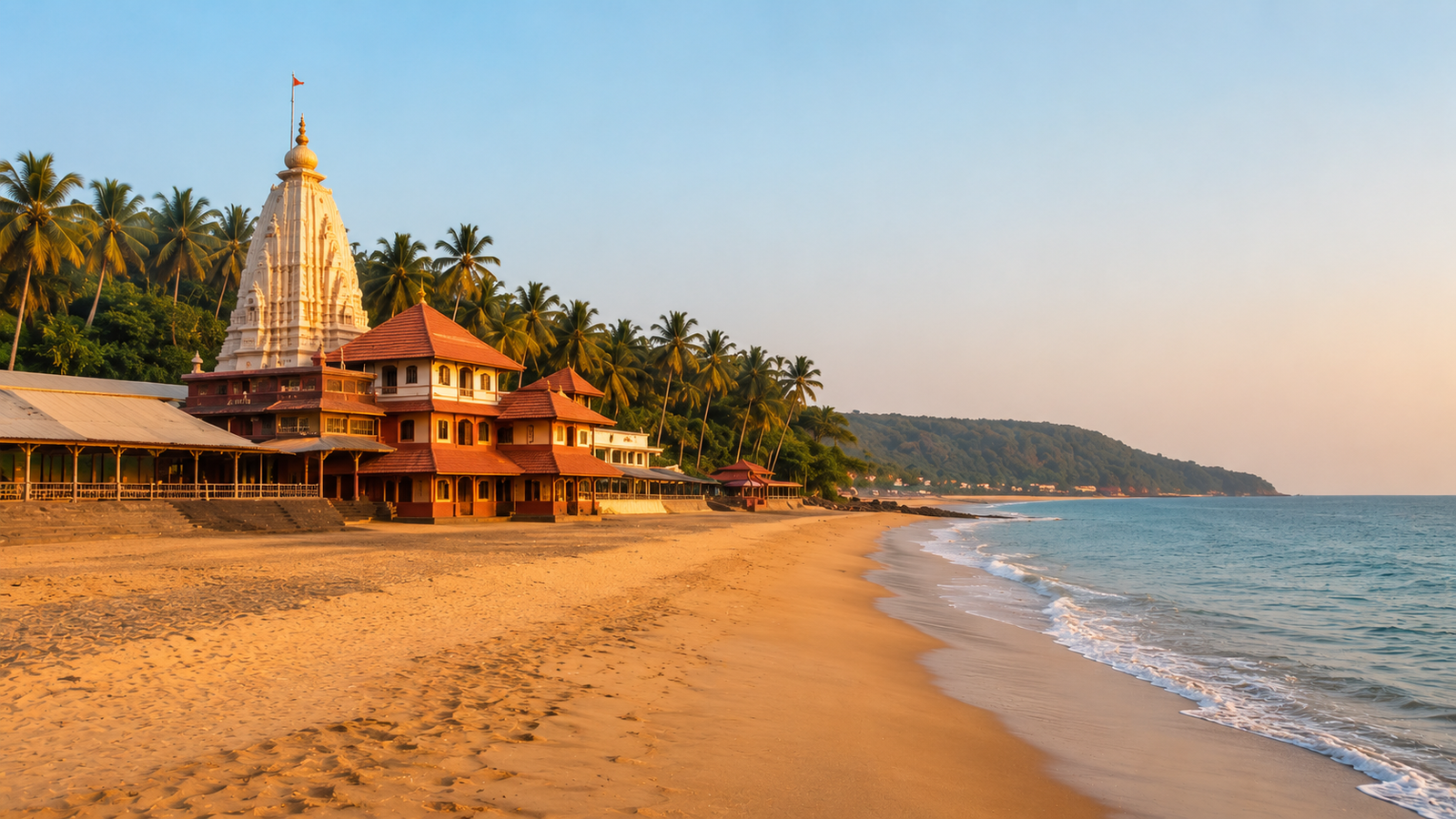 Ganpatipule beach with the seaside Swayambhu Ganesha temple and calm water