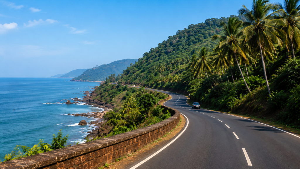 Coastal road winding along the Konkan shoreline in Maharashtra