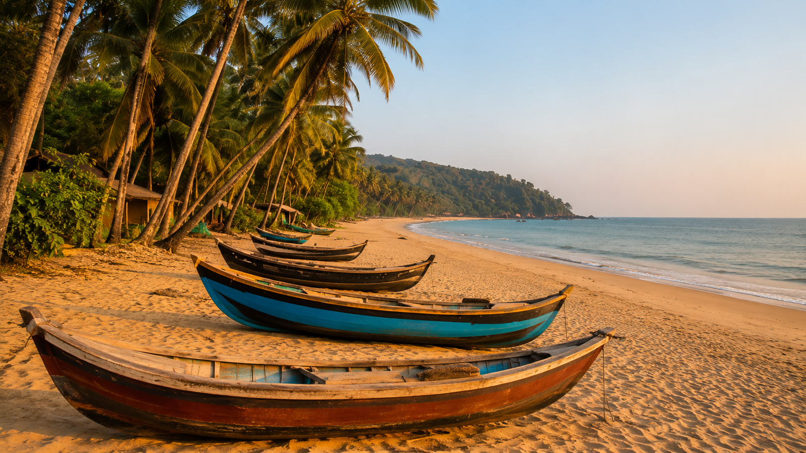 An empty hidden Konkan beach with traditional fishing boats and no crowds