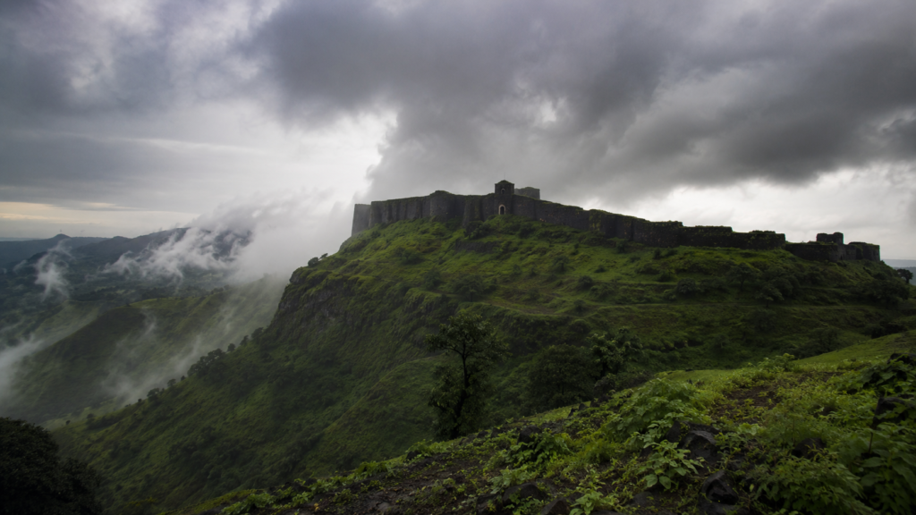 A Sahyadri hill fort near Lonavala wrapped in monsoon clouds