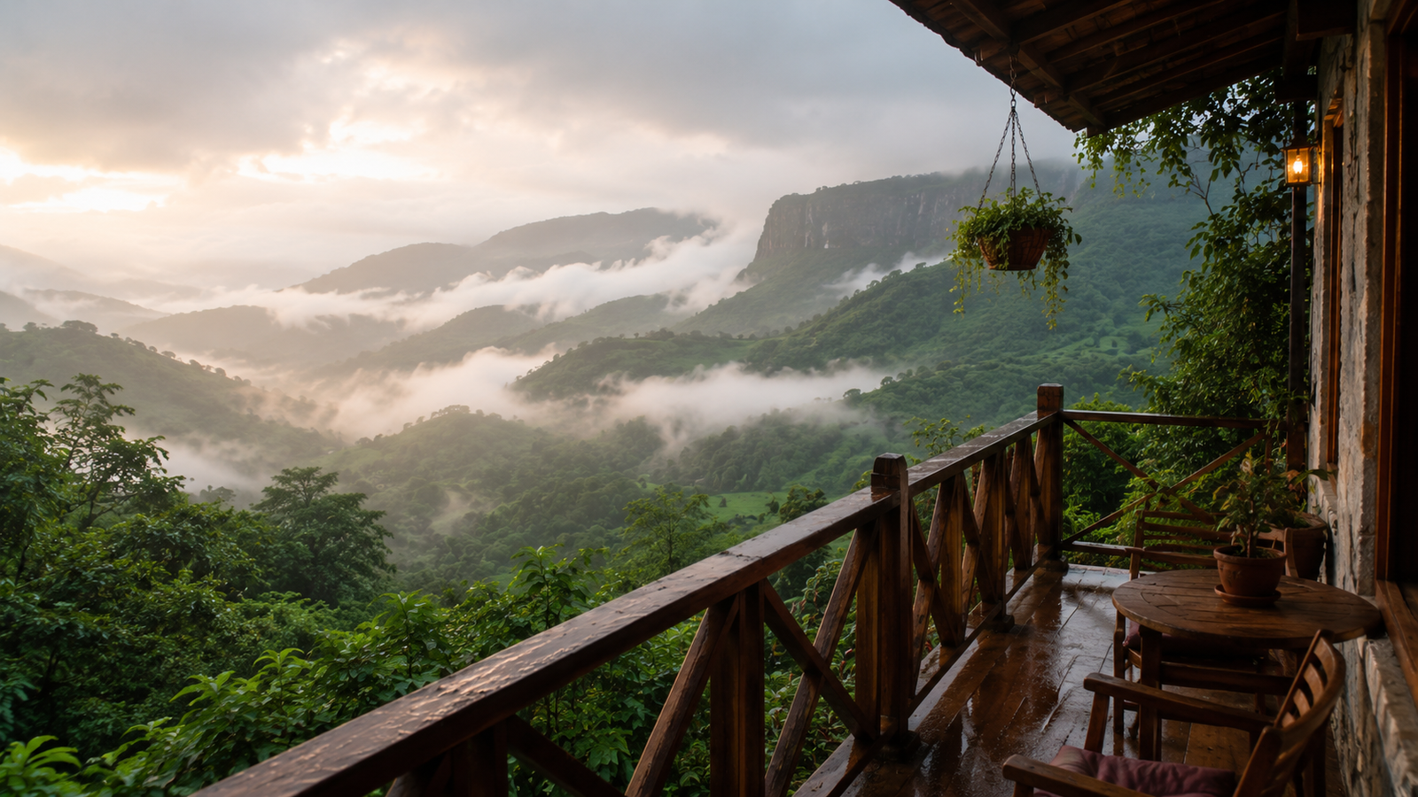 View of a misty valley from a hillside homestay balcony in Malshej Ghat
