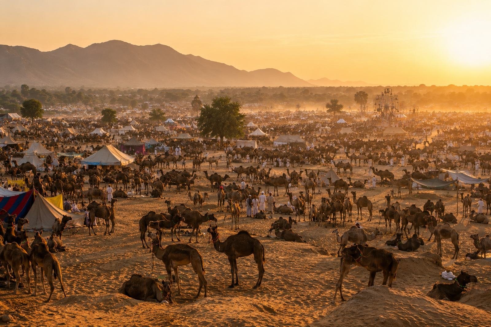 Camels and traders on the fairground at the Pushkar Camel Fair at golden hour
