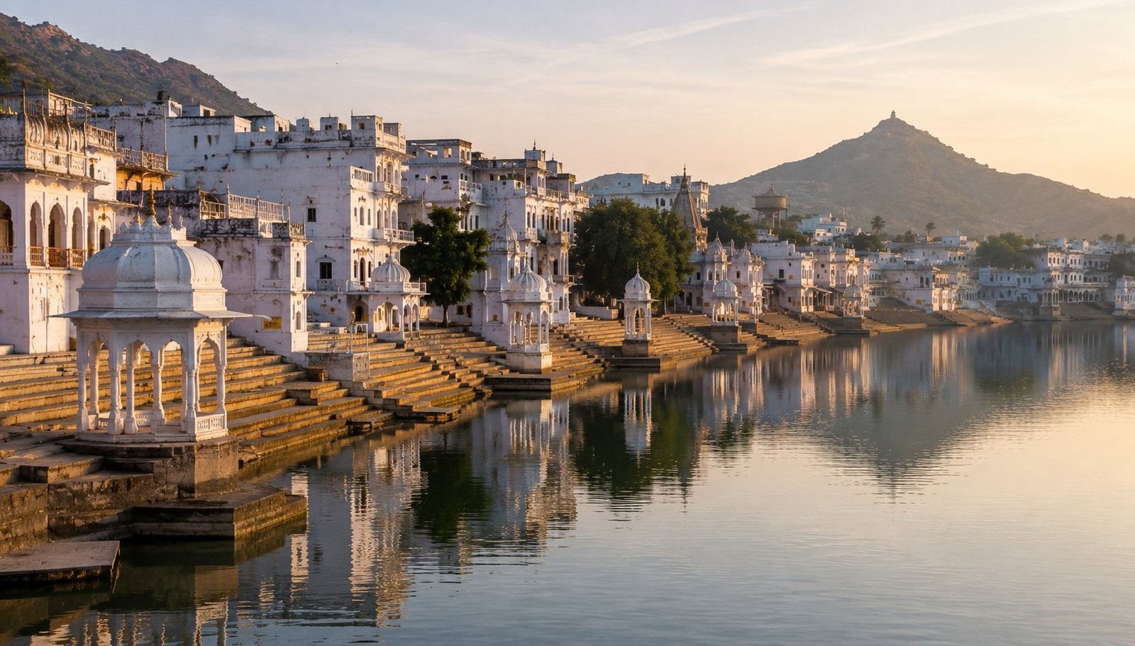 Ghats and white temples around the sacred Pushkar Lake in soft light