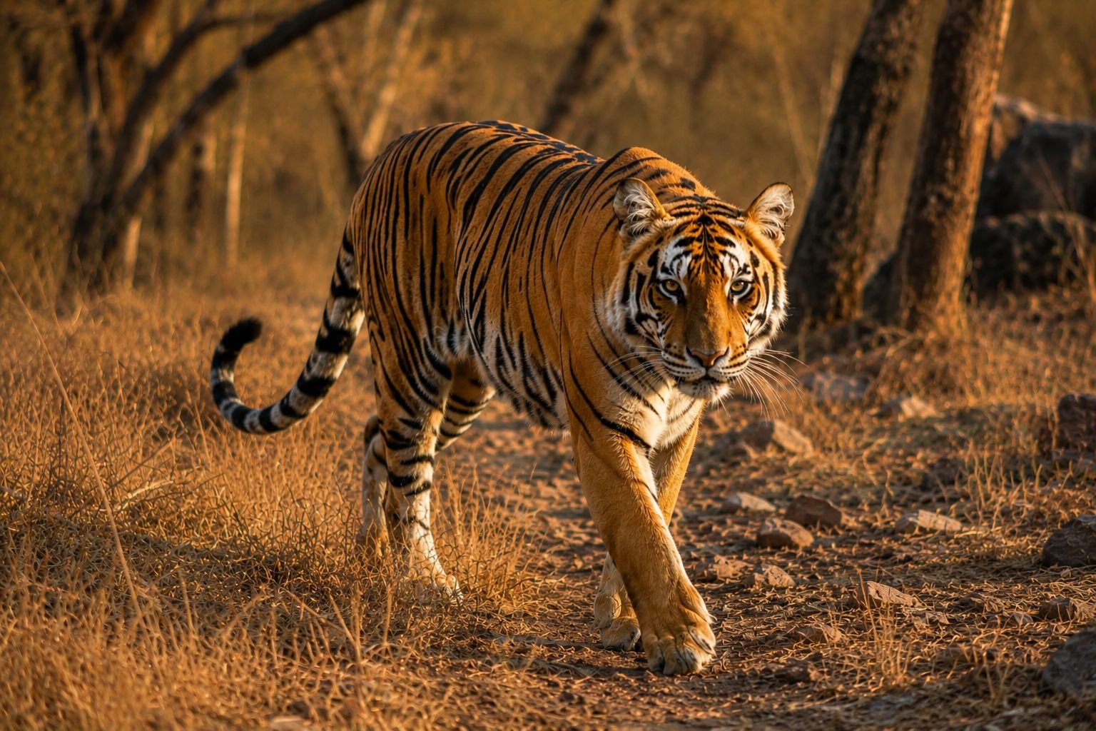 Wild Bengal tiger in the dry grass of Ranthambore National Park