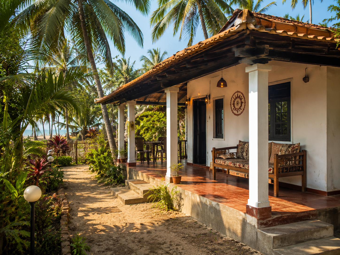 A family-run beachside homestay set among coconut palms in Tarkarli