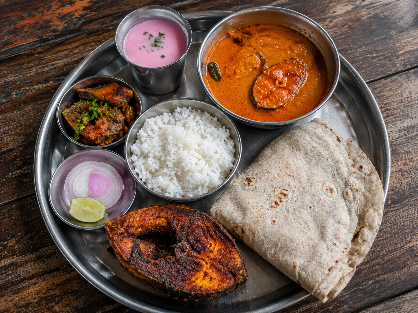 Traditional Malvani fish thali with solkadhi served at a Tarkarli homestay