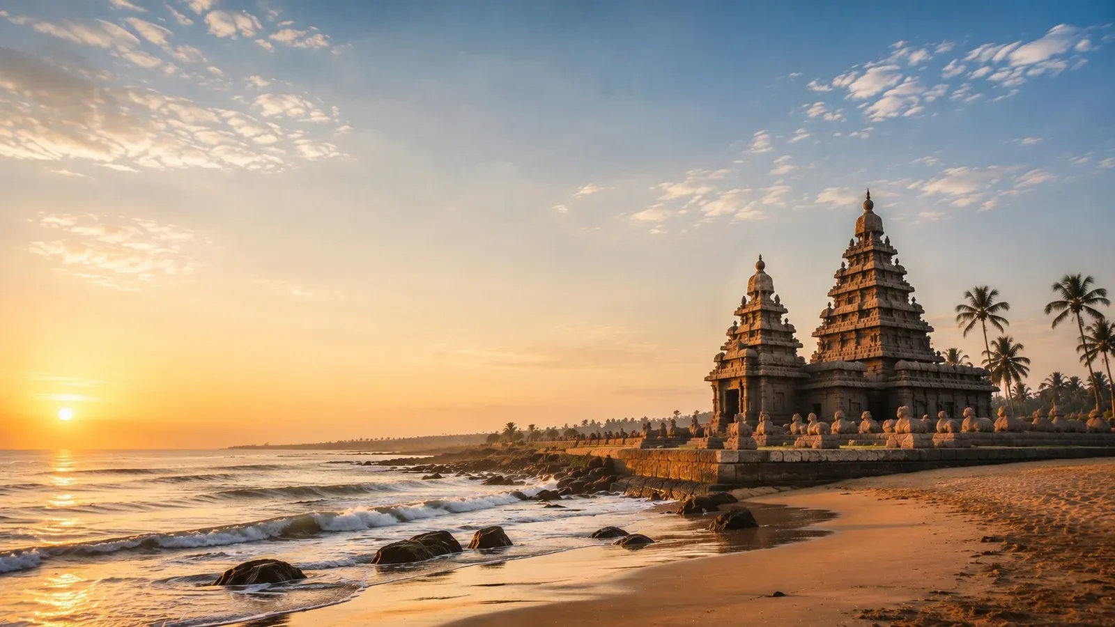 Shore temple on India's south coast at sunset