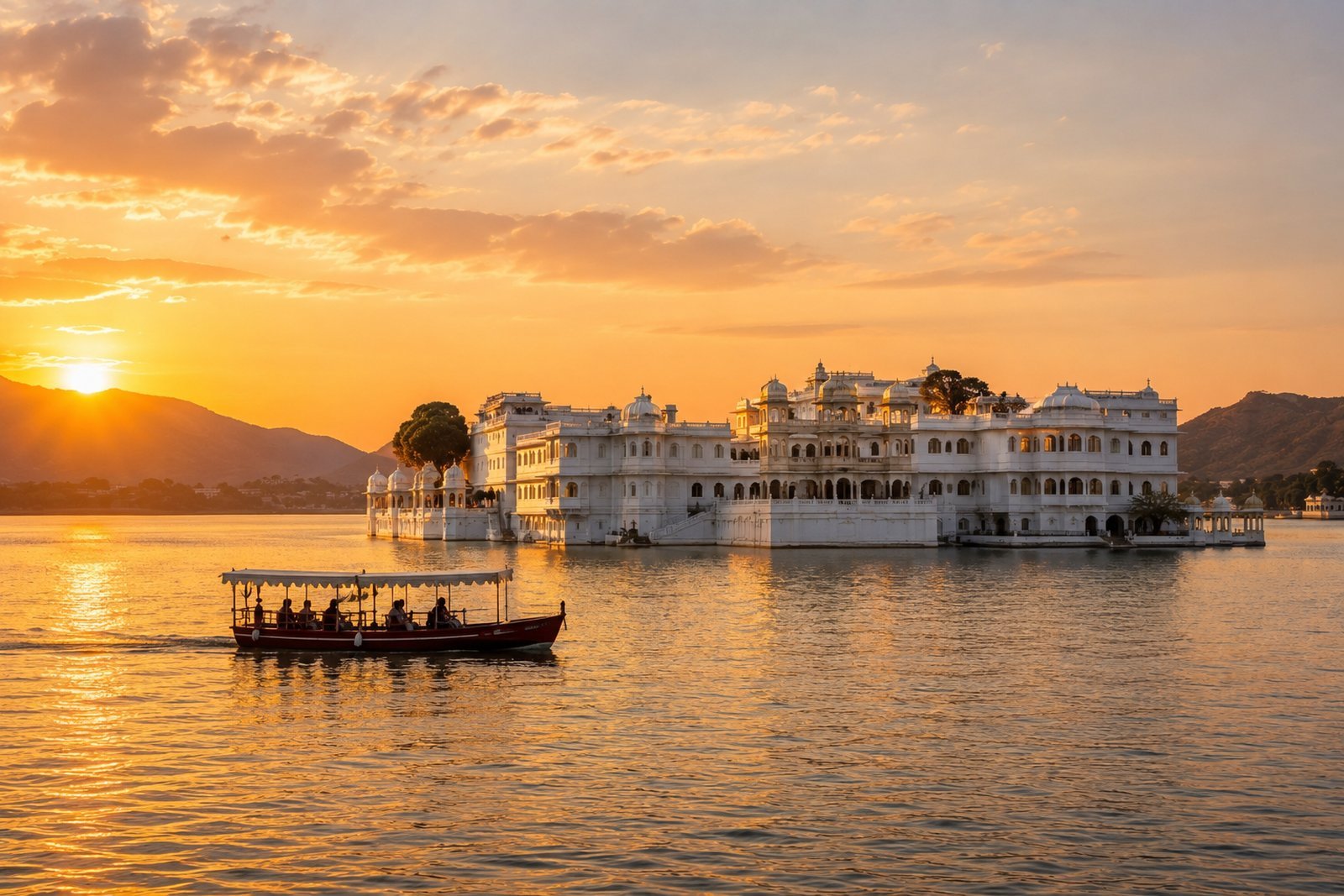 Lake Pichola at golden hour with the Lake Palace and a boat