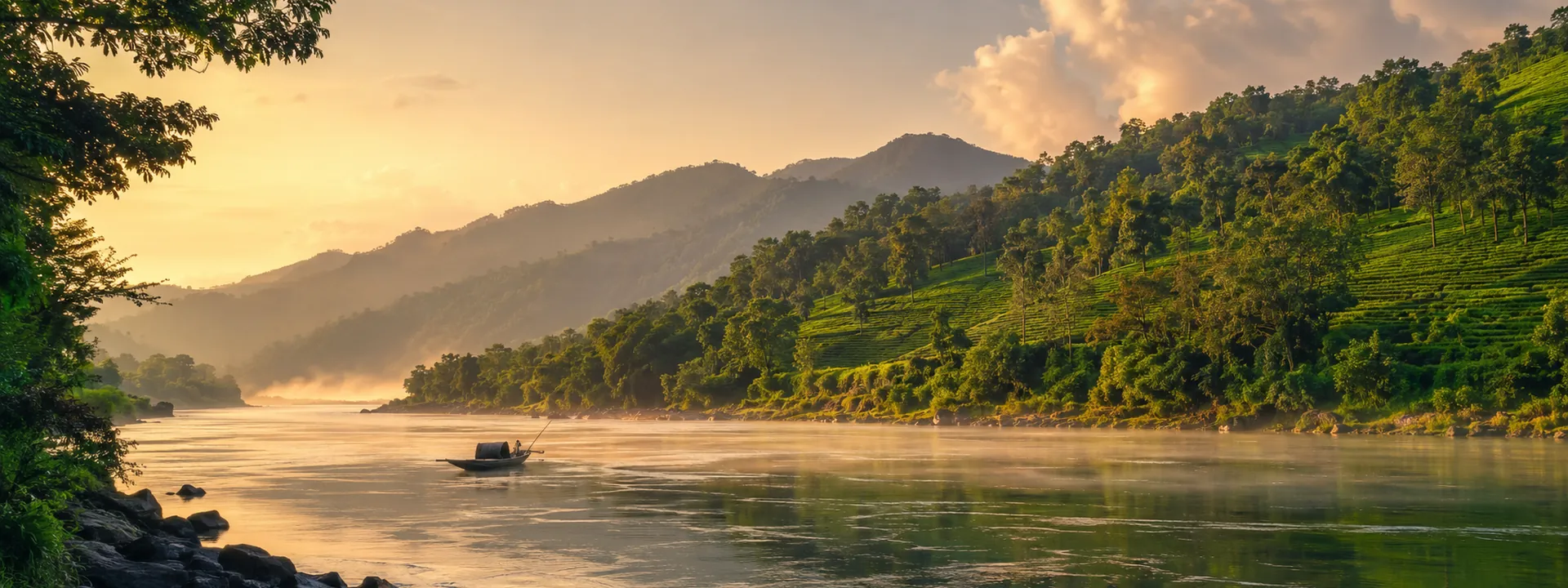 The Brahmaputra river winding through Assam at dawn