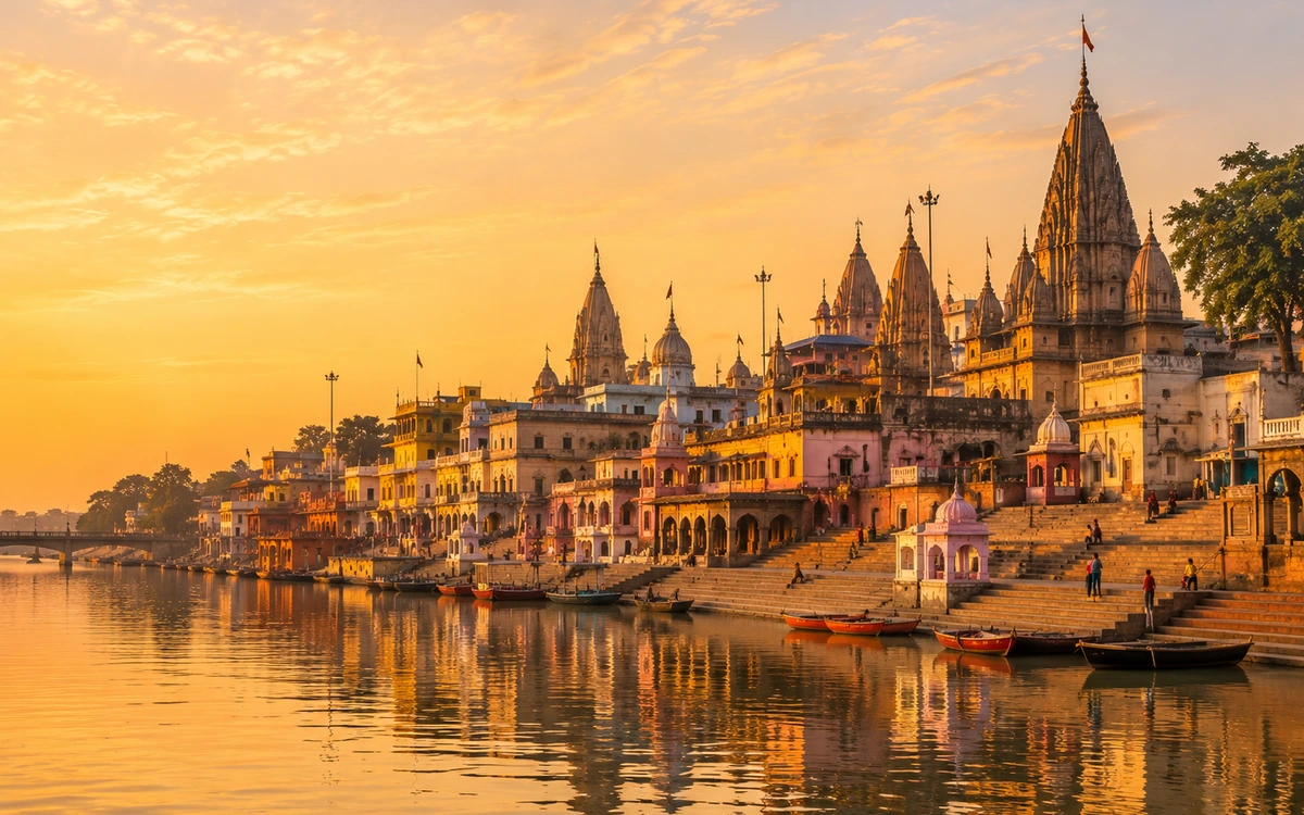 Temple spires and ghats on the Sarayu river at golden hour in Ayodhya