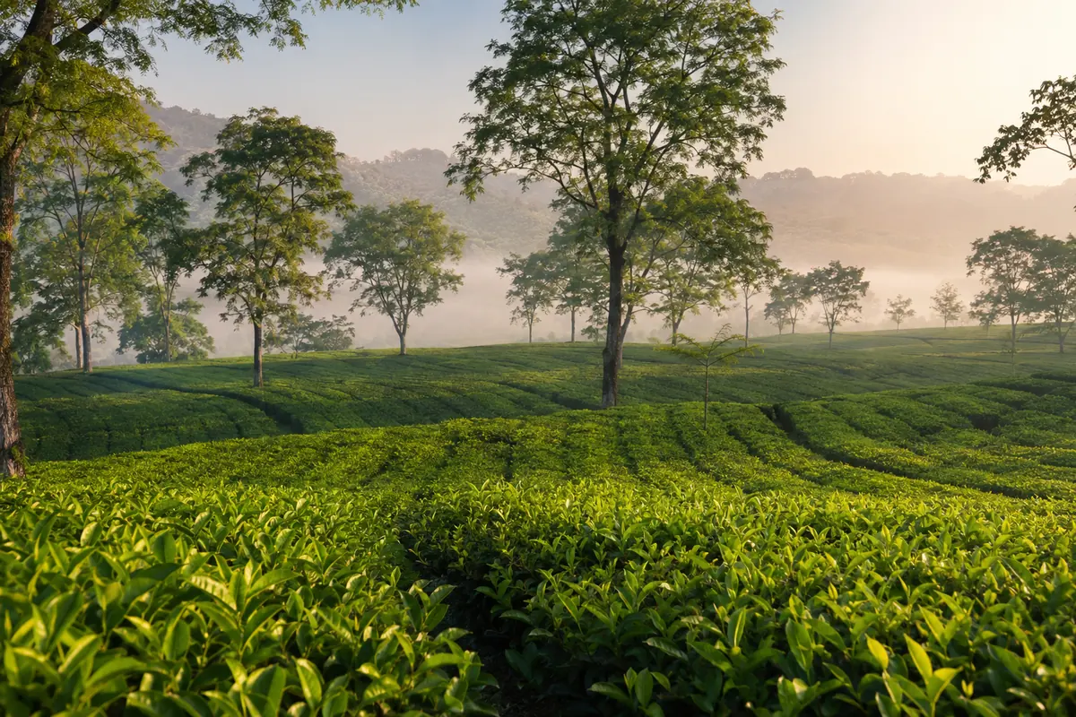 Rows of tea bushes on a colonial-era estate near Jorhat, the tea capital of Assam