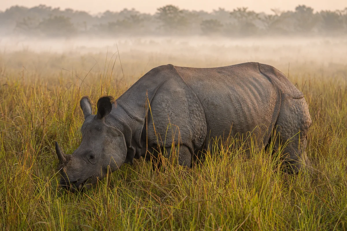A one-horned rhino grazing in the tall grassland of Kaziranga National Park, Assam