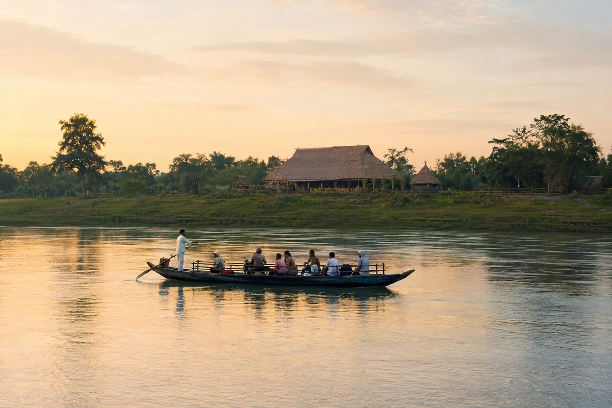 A ferry crossing the Brahmaputra toward Majuli, the world’s largest river island, Assam