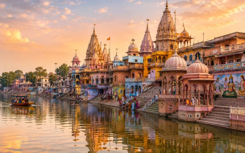 Mathura and Vrindavan ghats along the Yamuna River with historic temples at sunrise in Uttar Pradesh, India