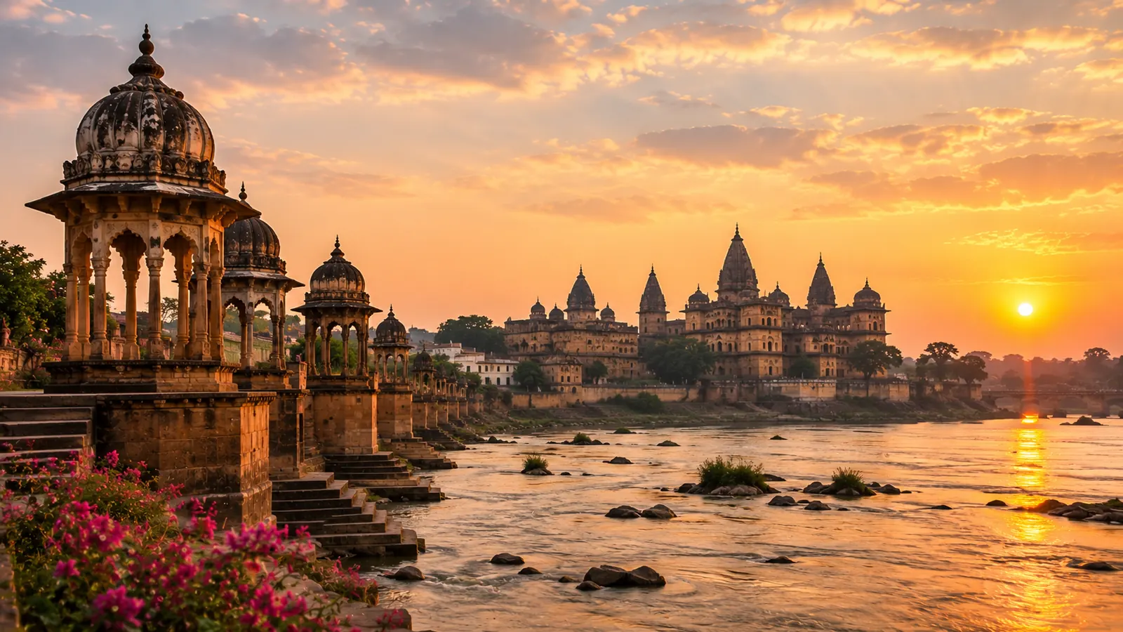Cenotaphs of Orchha on the Betwa river at sunset