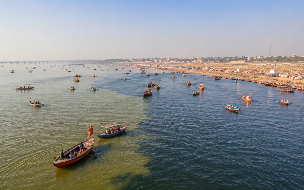 Boats at the Triveni Sangam river confluence in Prayagraj, Uttar Pradesh