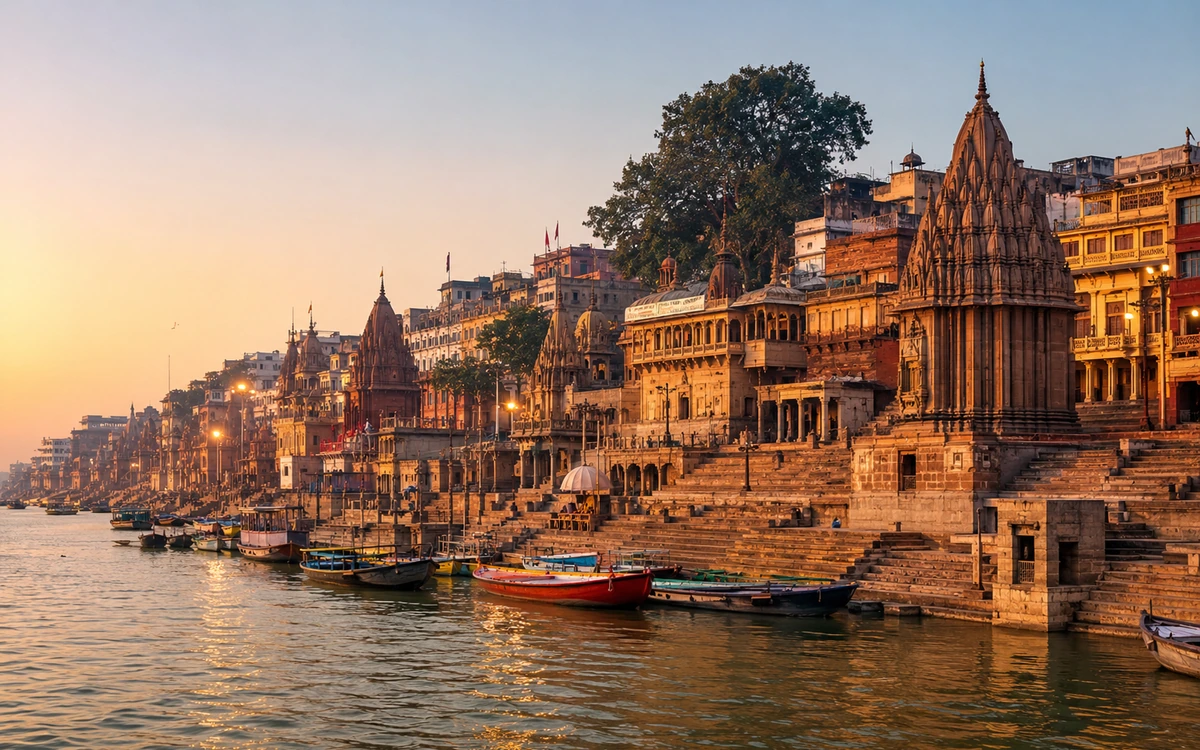 Boats and stone ghats along the Ganga river at dawn in Varanasi