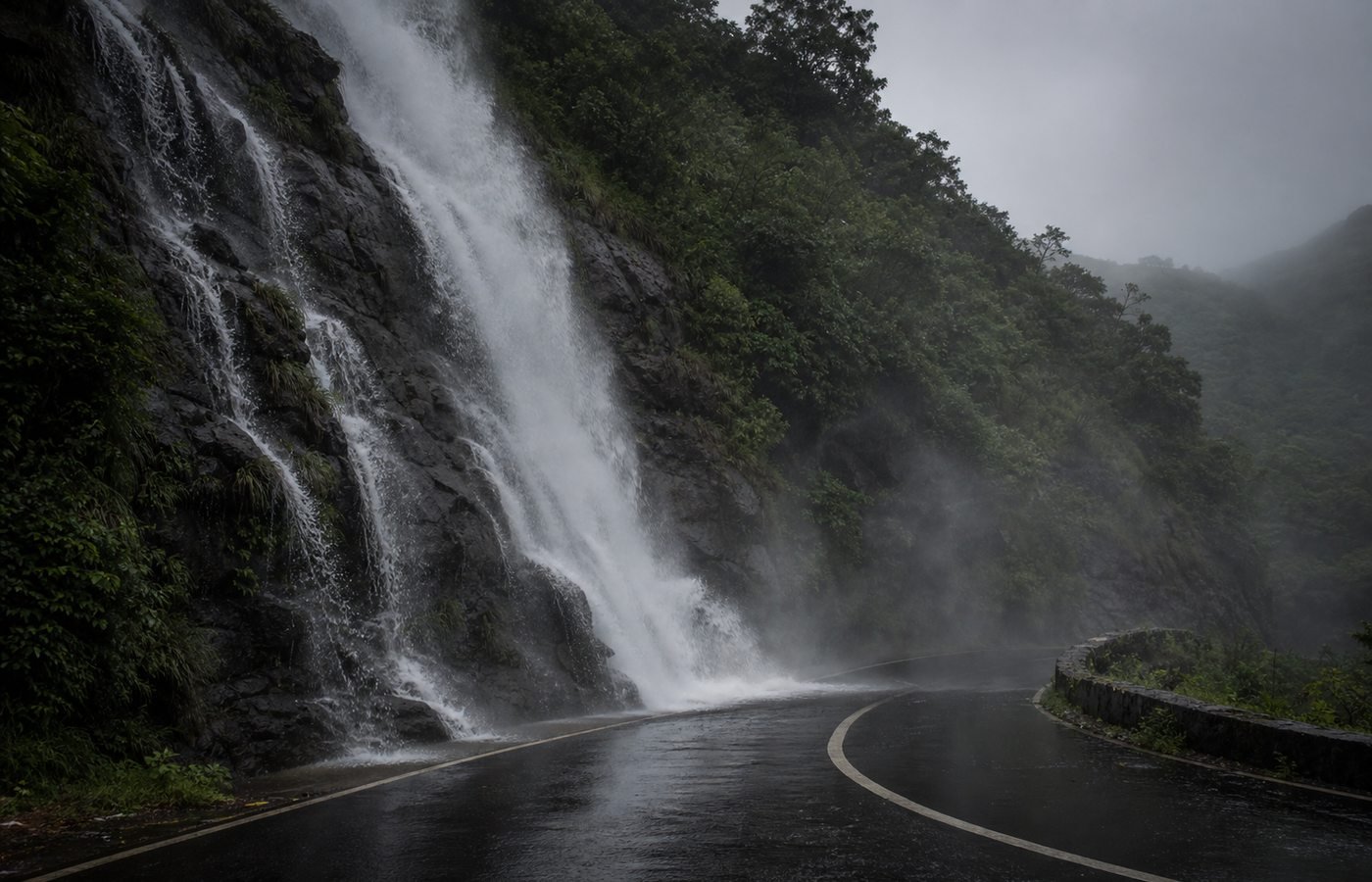A powerful monsoon waterfall cascading beside the road at Amboli, surrounded by mist and dense green forest