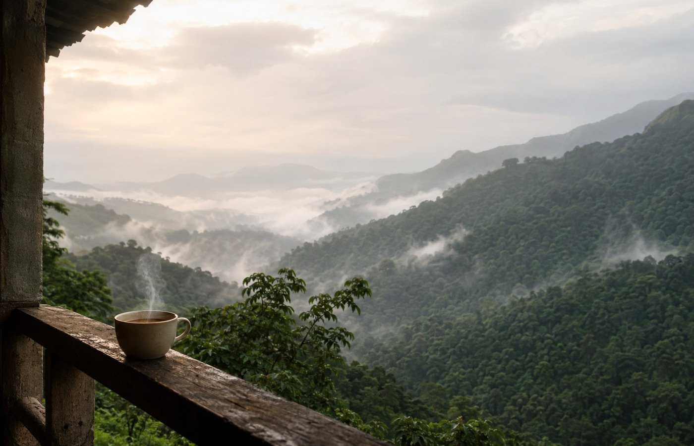 A rustic forest homestay surrounded by mist and dense green hills near Gaganbawda