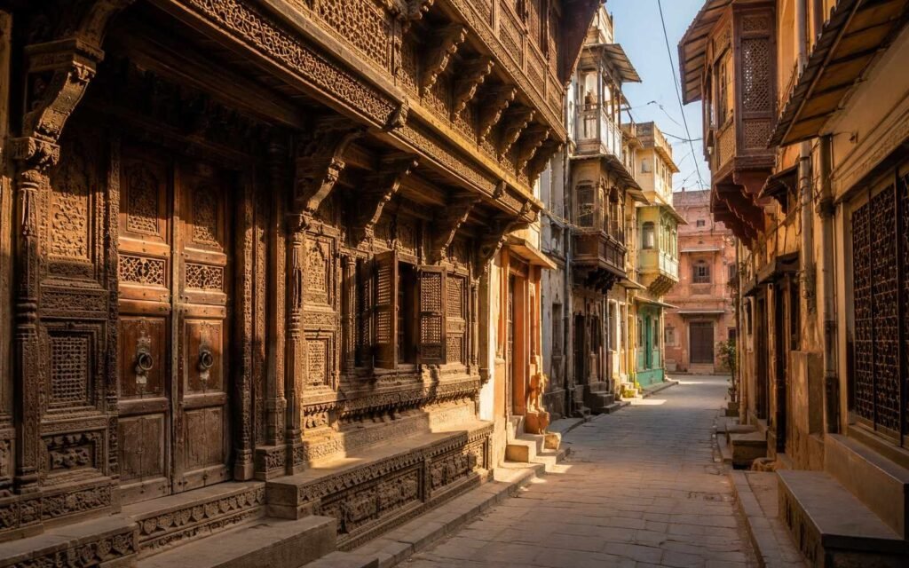 Carved wooden haveli facades in a pol lane of Ahmedabad’s old city, Gujarat