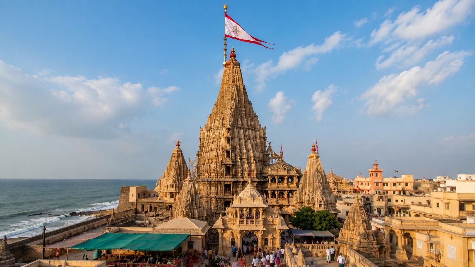The carved spire of the Dwarkadhish temple in Dwarka, Gujarat