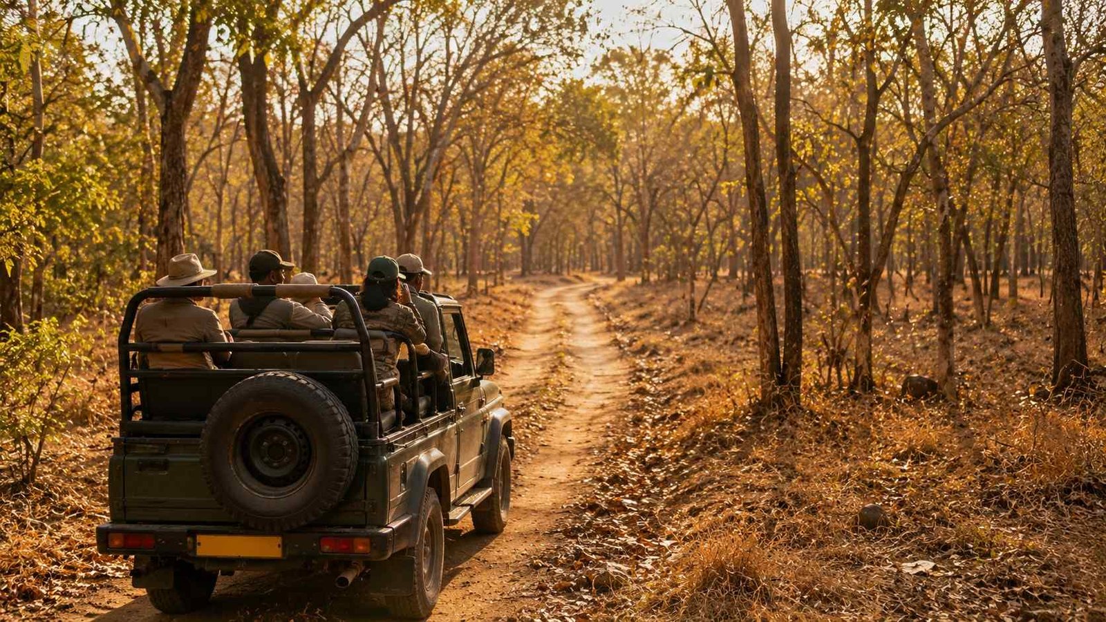An open safari jeep on a forest track in Gir National Park, Gujarat