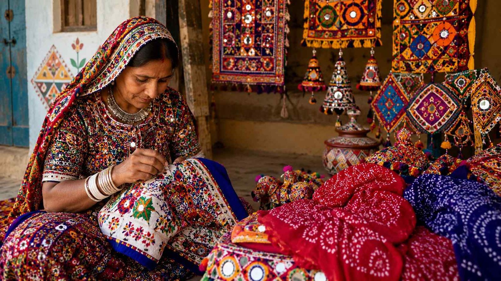 Colourful Kutchi embroidery and crafts in an artisan village near Bhuj, Gujarat